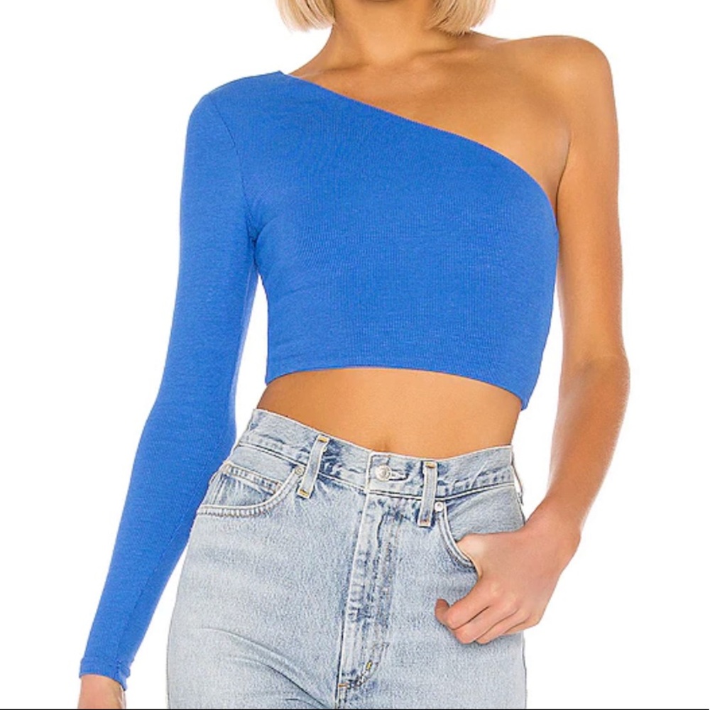 Superdown “Karol” blue ribbed one shoulder crop top, brand new